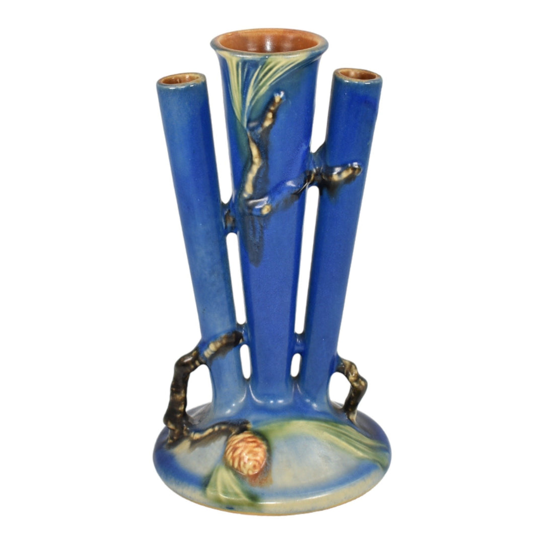 Roseville Pine Cone Blue 1935 Vintage Art Pottery Ceramic Triple Bud Vase 113-8 - Just Art Pottery