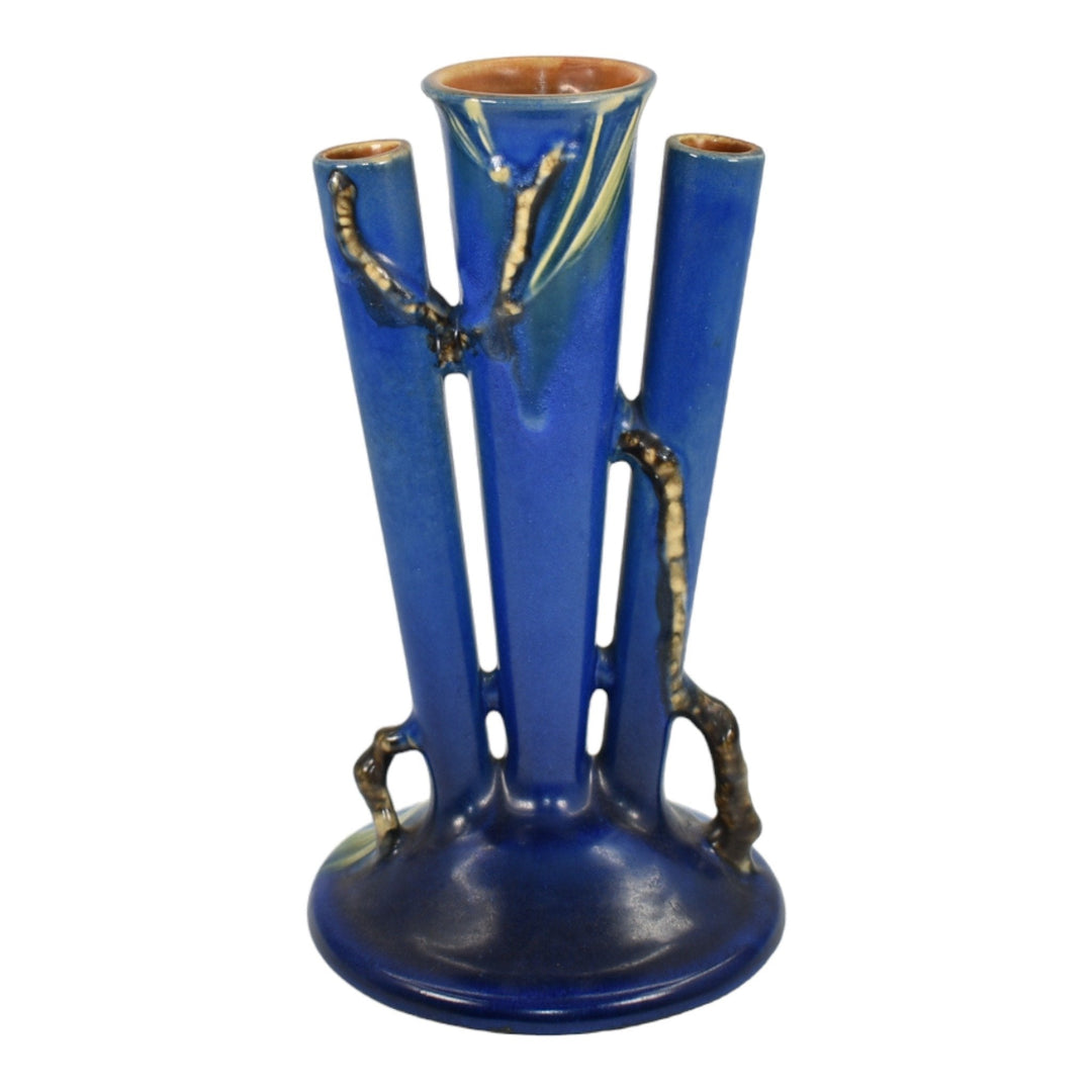 Roseville Pine Cone Blue 1935 Vintage Art Pottery Ceramic Triple Bud Vase 113-8 - Just Art Pottery