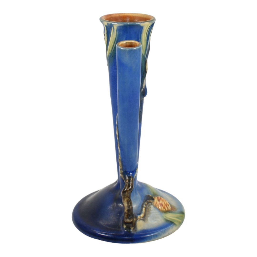 Roseville Pine Cone Blue 1935 Vintage Art Pottery Ceramic Triple Bud Vase 113-8 - Just Art Pottery