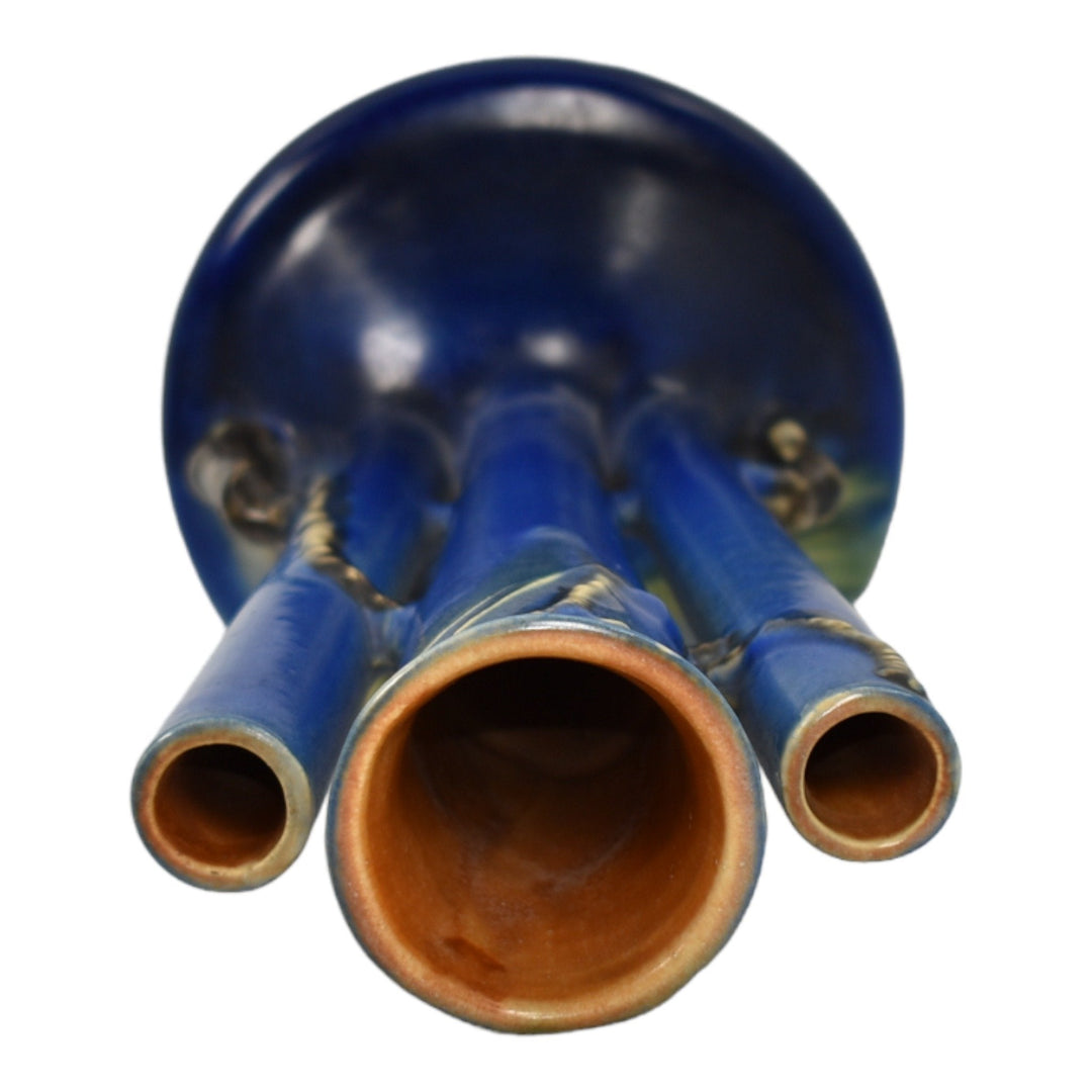 Roseville Pine Cone Blue 1935 Vintage Art Pottery Ceramic Triple Bud Vase 113-8 - Just Art Pottery