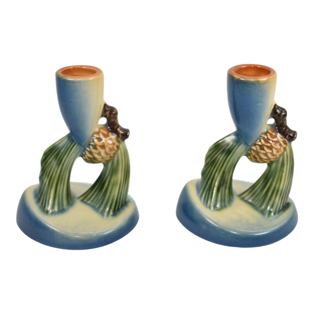 Roseville Pine Cone Blue 1953 Vintage Art Pottery Ceramic Candle Holders 451-4 - Just Art Pottery