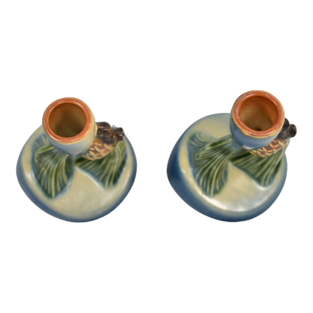Roseville Pine Cone Blue 1953 Vintage Art Pottery Ceramic Candle Holders 451-4 - Just Art Pottery