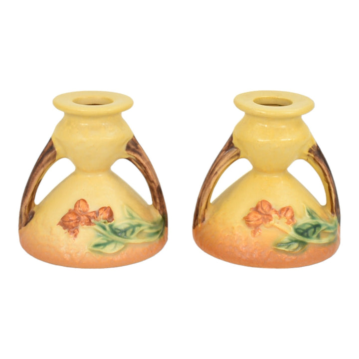Roseville Bittersweet Yellow 1951 Mid Century Art Pottery Candle Holders 851-3 - Just Art Pottery
