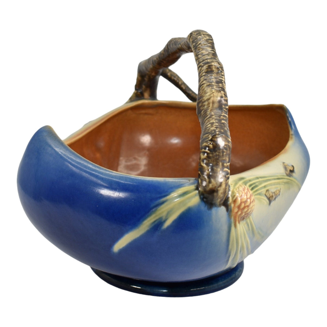 Roseville Pine Cone Blue 1936 Vintage Art Pottery Large Ceramic Basket 339 - Just Art Pottery