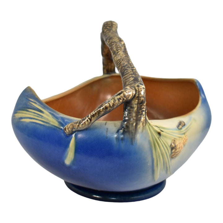 Roseville Pine Cone Blue 1936 Vintage Art Pottery Large Ceramic Basket 339 - Just Art Pottery