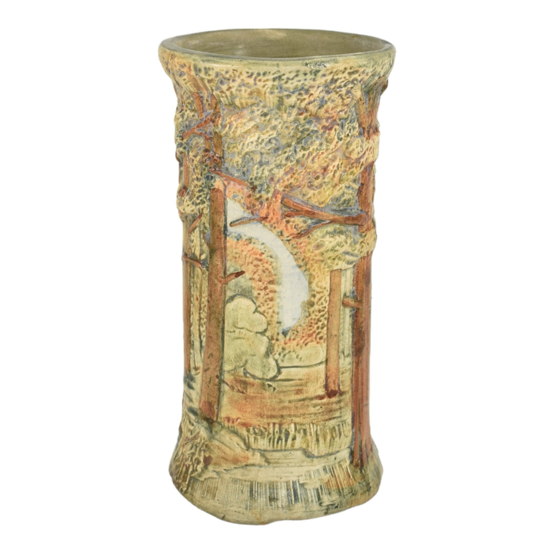 Weller Forest 1920s Vintage Pottery Brown Green Scenic Cylindrical Ceramic Vase - Just Art Pottery