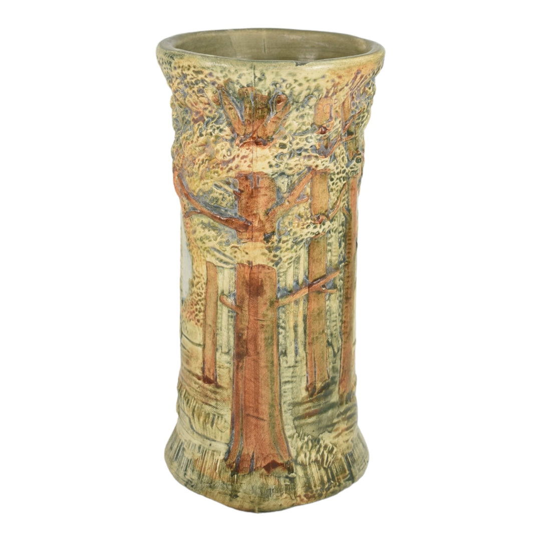 Weller Forest 1920s Vintage Pottery Brown Green Scenic Cylindrical Ceramic Vase - Just Art Pottery