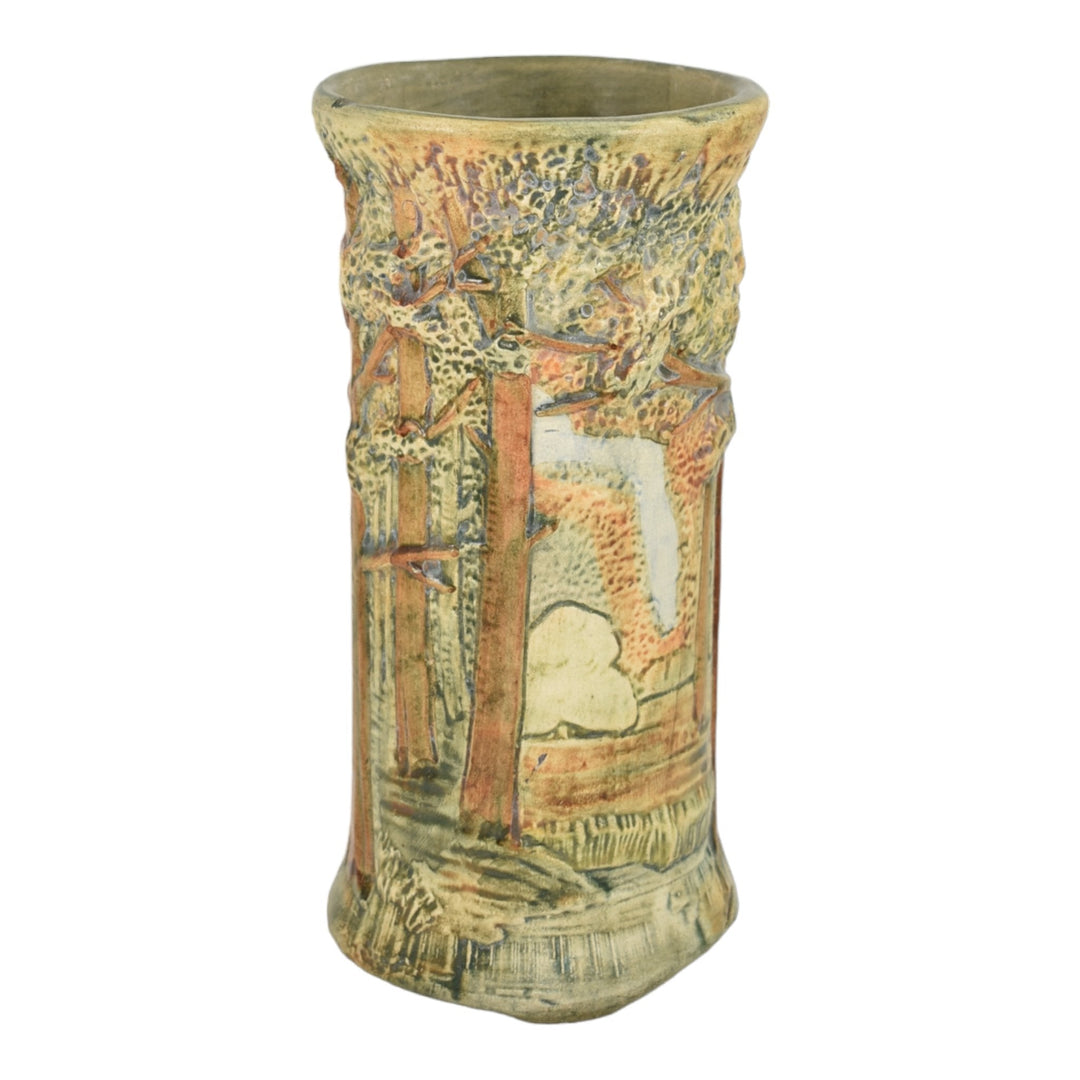 Weller Forest 1920s Vintage Pottery Brown Green Scenic Cylindrical Ceramic Vase - Just Art Pottery