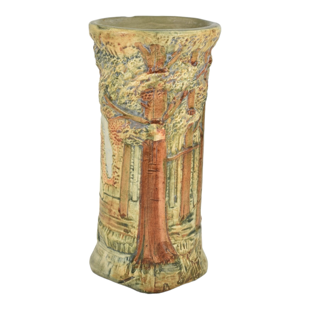 Weller Forest 1920s Vintage Pottery Brown Green Scenic Cylindrical Ceramic Vase - Just Art Pottery