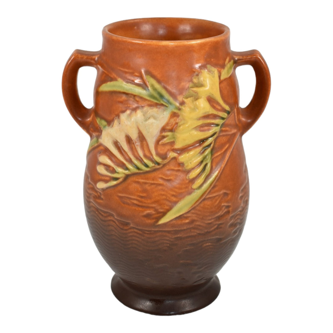 Roseville Freesia Brown 1945 Mid Century Modern Art Pottery Ceramic Vase 120-7 - Just Art Pottery