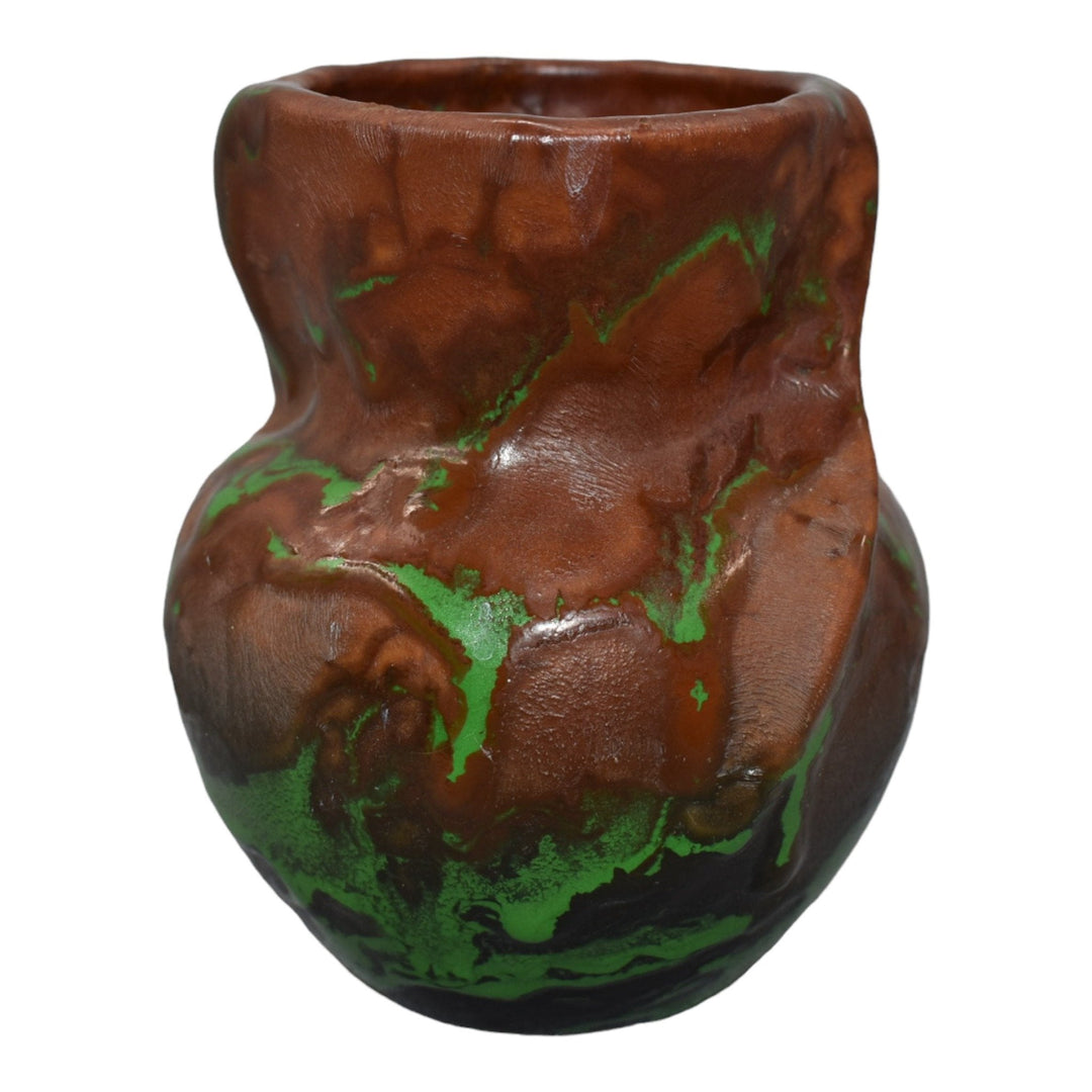 Weller Greora 1930s Vintage Art And Crafts Pottery Brown Green Drip Twist Vase - Just Art Pottery