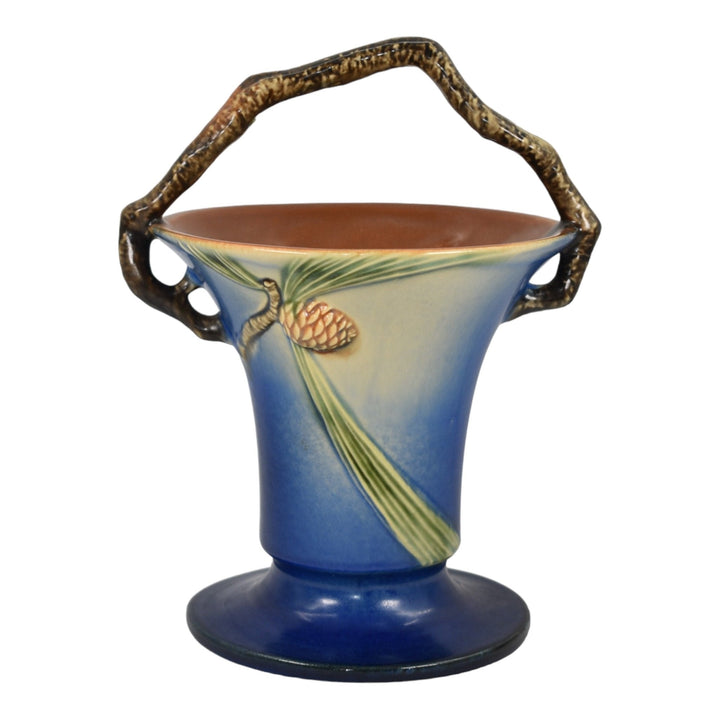 Roseville Pine Cone Blue 1936 Vintage Art Pottery Ceramic Basket 338-10 - Just Art Pottery