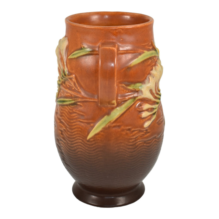 Roseville Freesia Brown 1945 Mid Century Modern Art Pottery Ceramic Vase 120-7 - Just Art Pottery