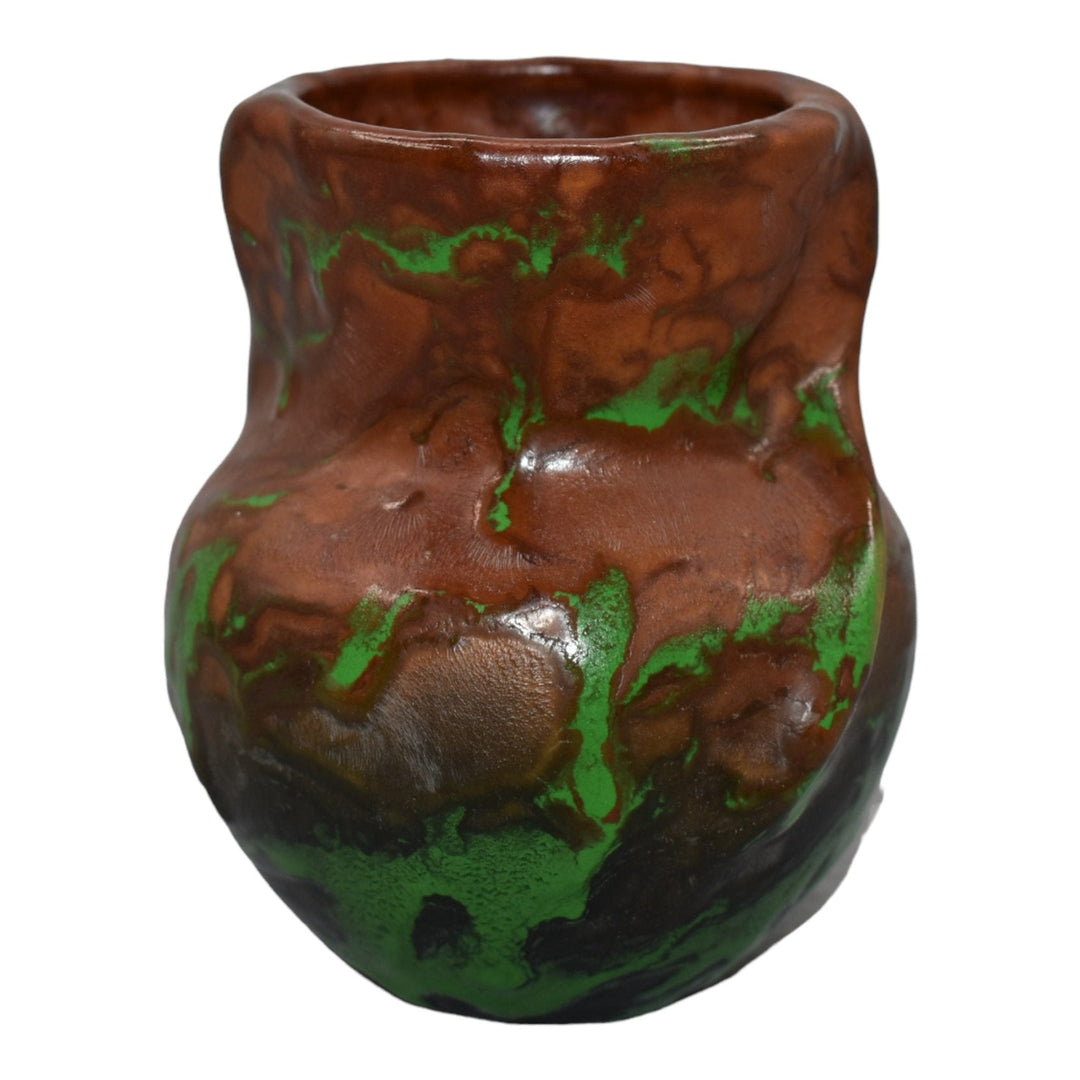 Weller Greora 1930s Vintage Art And Crafts Pottery Brown Green Drip Twist Vase - Just Art Pottery