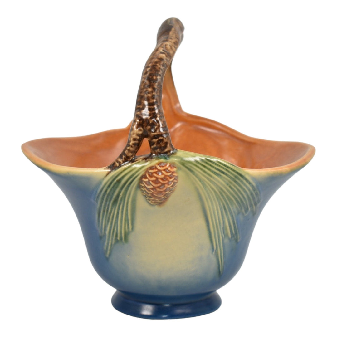 Roseville Pine Cone Blue 1953 Mid Century Modern Pottery Ceramic Basket 409-8 - Just Art Pottery