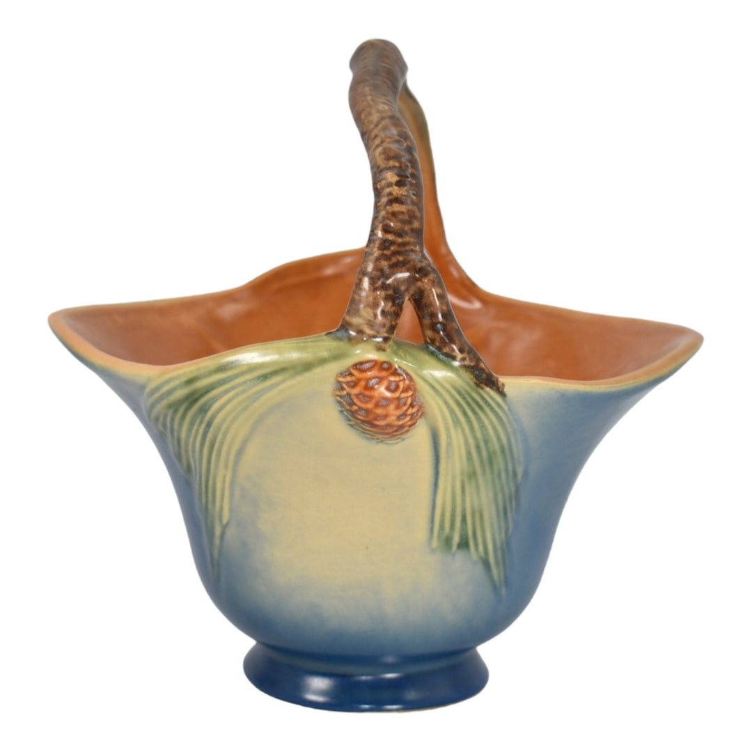 Roseville Pine Cone Blue 1953 Mid Century Modern Pottery Ceramic Basket 409-8 - Just Art Pottery