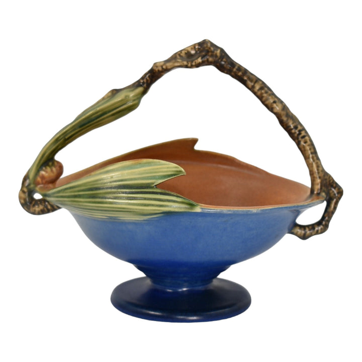 Roseville Pine Cone Blue 1936 Vintage Art Pottery Basket With Flower Frog 352-8