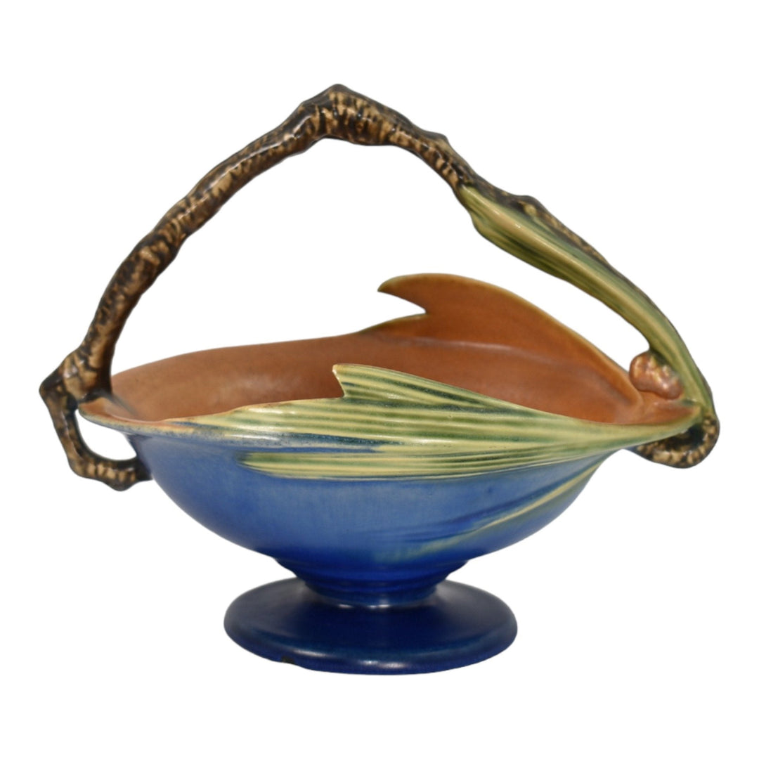 Roseville Pine Cone Blue 1936 Vintage Art Pottery Basket With Flower Frog 352-8