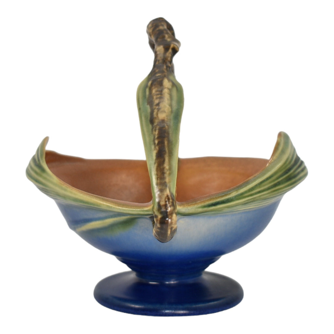 Roseville Pine Cone Blue 1936 Vintage Art Pottery Basket With Flower Frog 352-8