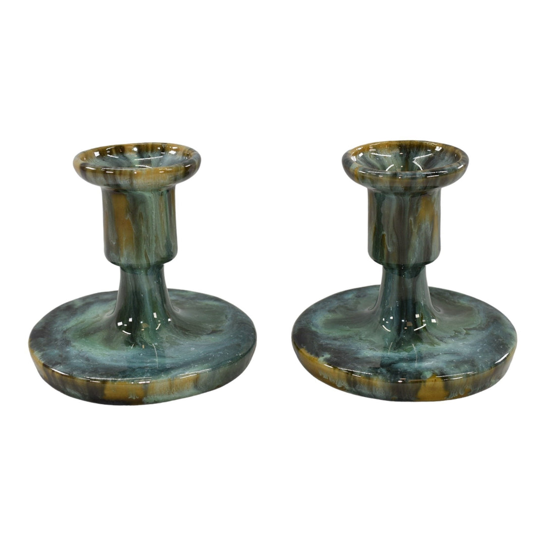 Brush McCoy 1930s Vintage Art Deco Pottery Green Blended Onyx Candle Holders 036 - Just Art Pottery
