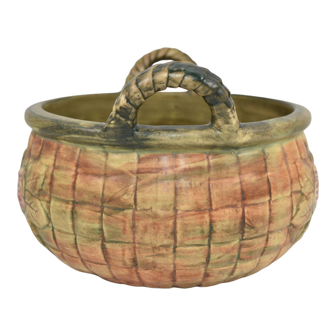 Weller Flemish 1920s Vintage Art Pottery Red Floral Brown Green Ceramic Basket - Just Art Pottery