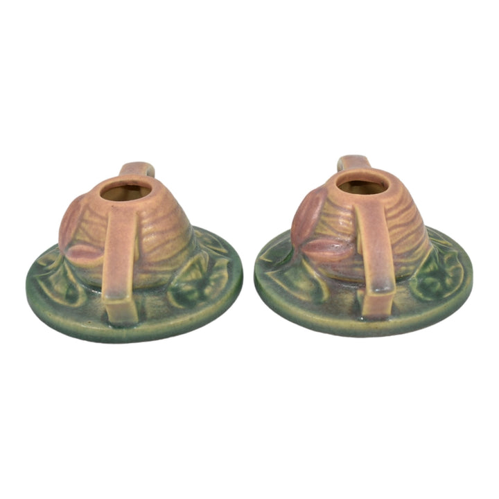 Roseville Water Lily Pink 1943 Mid Century Modern Pottery Candle Holders 1154-2 - Just Art Pottery