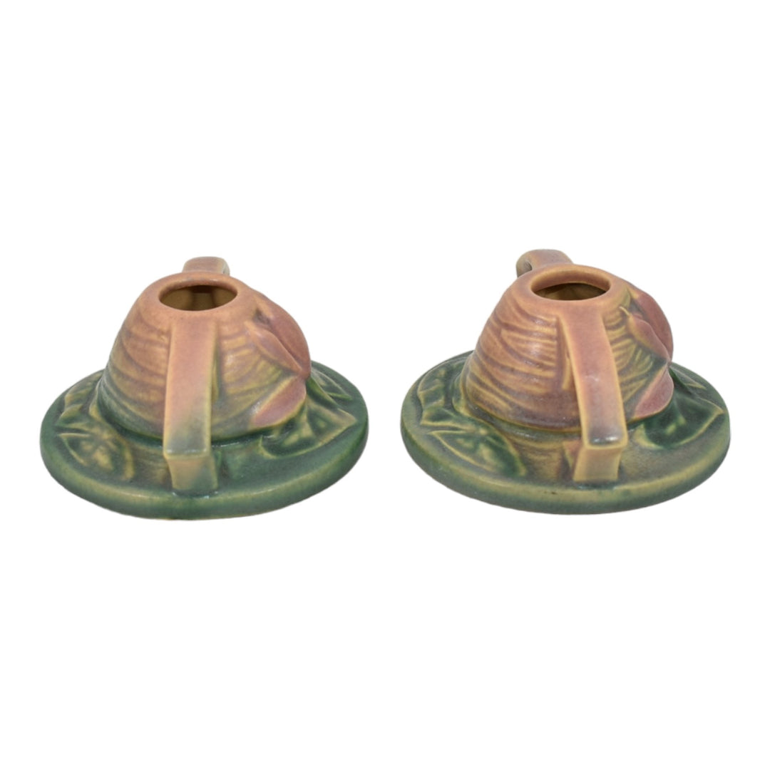Roseville Water Lily Pink 1943 Mid Century Modern Pottery Candle Holders 1154-2 - Just Art Pottery