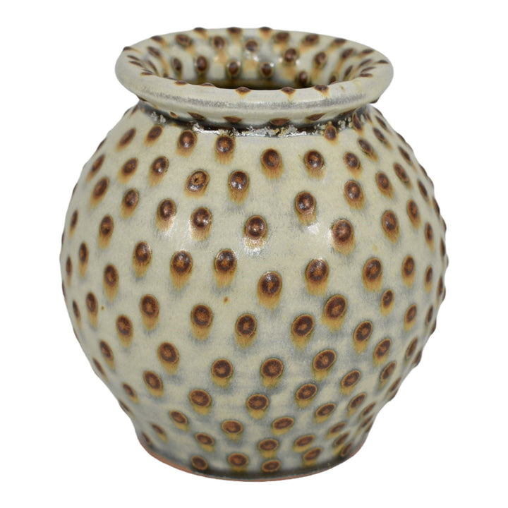 Bulldog Seagrove North Carolina Studio Hand Made Pottery Brown White Dots Vase - Just Art Pottery