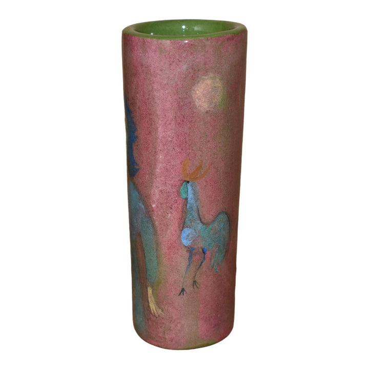 Pillin Studio Art Pottery Modern Deco Pink Green Woman Animals Cylindrical Vase - Just Art Pottery