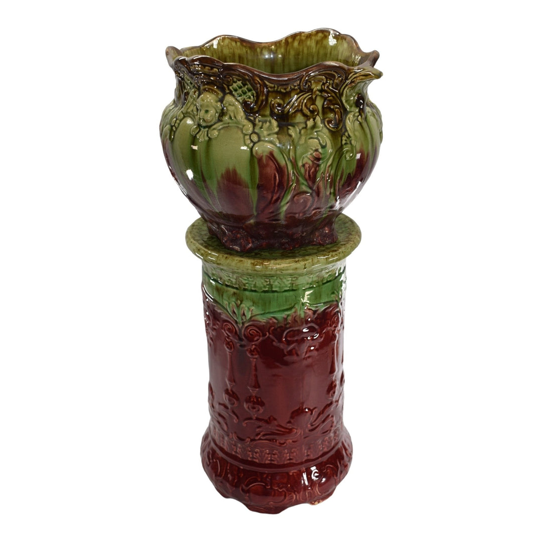 Weller Blended Majolica 1900s Pottery Green Red Cherub Jardiniere With Pedestal - Just Art Pottery