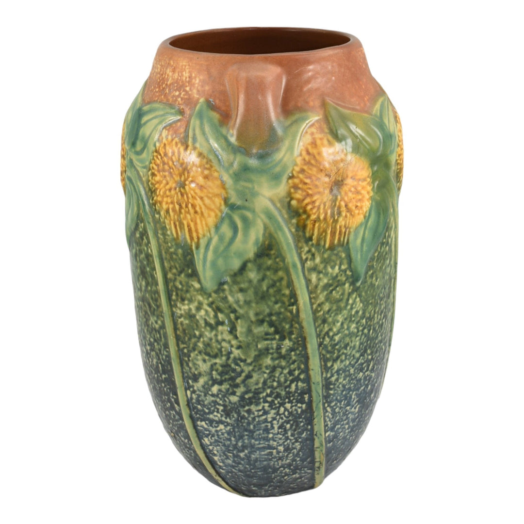 Roseville Sunflower 1930 Vintage Arts And Crafts Pottery Ceramic Vase 494-10 - Just Art Pottery