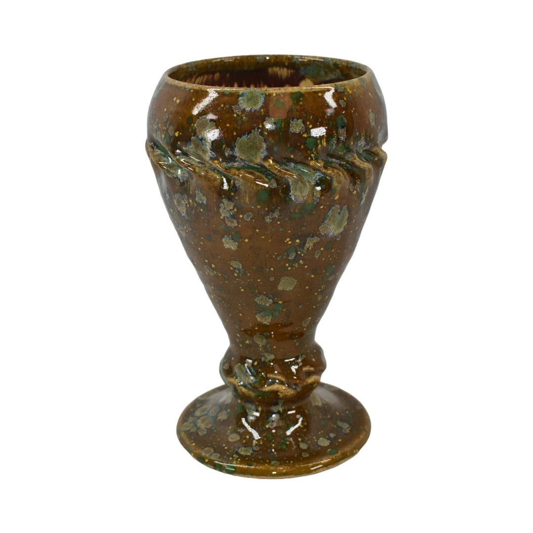 Clark House Studio George Ohr Style Art Pottery Mottled Brown Lichen Footed Vase - Just Art Pottery