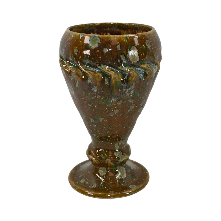 Clark House Studio George Ohr Style Art Pottery Mottled Brown Lichen Footed Vase - Just Art Pottery