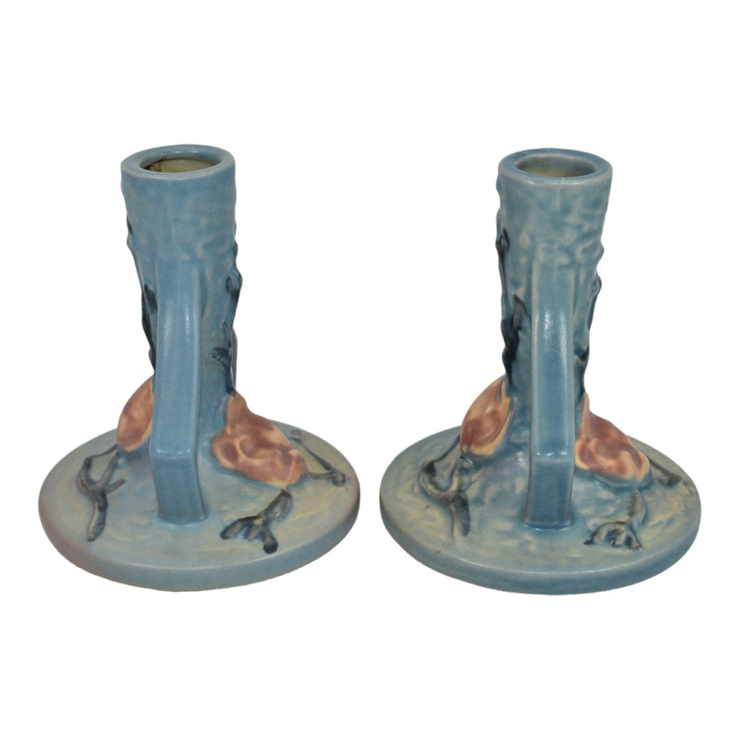 Roseville Magnolia Blue 1943 Vintage Art Pottery Ceramic Candle Holders 1157-4 - Just Art Pottery
