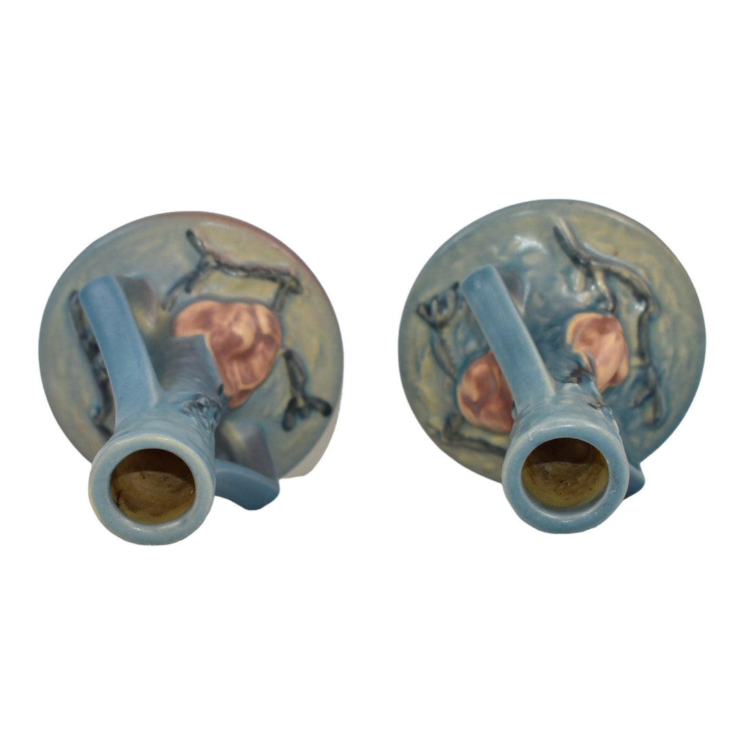 Roseville Magnolia Blue 1943 Vintage Art Pottery Ceramic Candle Holders 1157-4 - Just Art Pottery