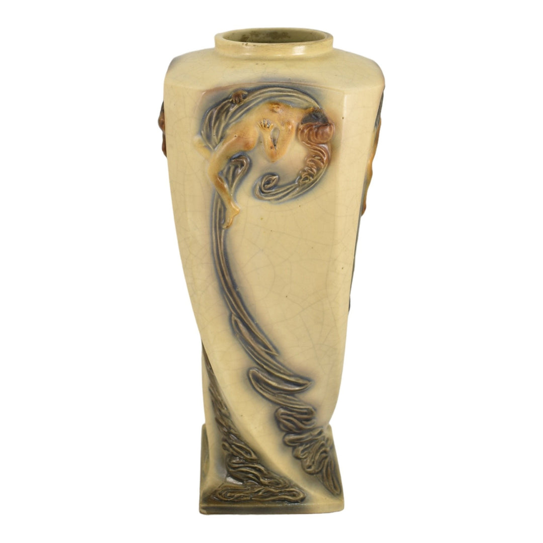 Roseville Experimental Art Nouveau Pottery Cream Nude Aerial Silk Dancer Vase - Just Art Pottery
