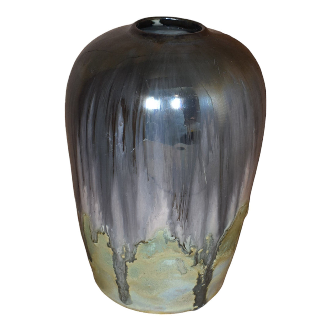 Fulper Prang 1913-17 Art Pottery Mirrored Black Metallic Curdled Green Vase - Just Art Pottery