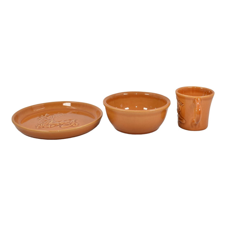 Roseville Borden Milk Co Art Pottery Orange Cow Cup Bowl Plate Juvenile Dish Set - Just Art Pottery