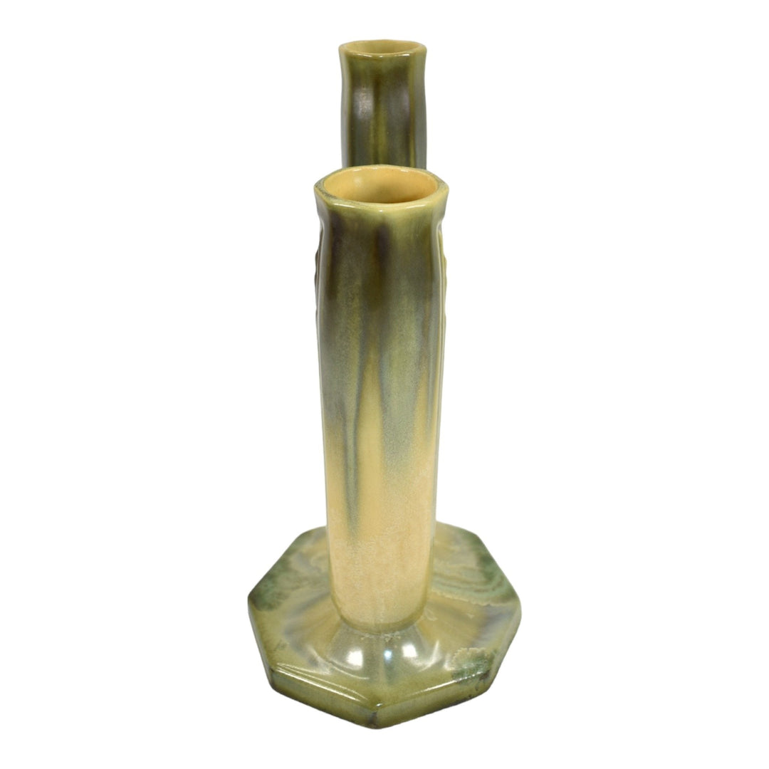 Roseville Russco Green 1934 Vintage Pottery Crystalline Double Bud Vase 107-8 - Just Art Pottery