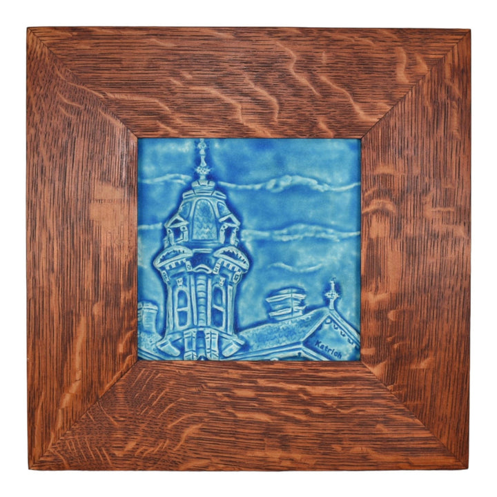 Paul Katrich Studio Art Pottery Hand Made Matte Blue Church Steeple Framed Tile - Just Art Pottery