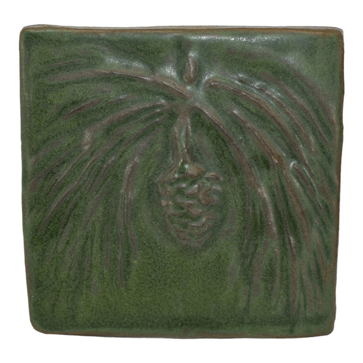 Pewabic 1993 Art Pottery Matte Green 90th Anniversary Pine Cone Wall Tile - Just Art Pottery