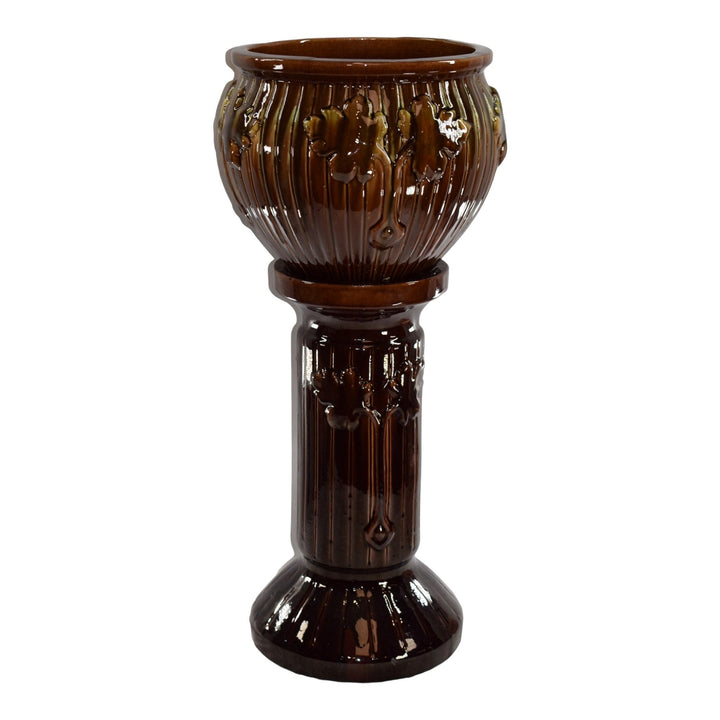 Weller Majolica 1930s Art Deco Pottery Brown Double Leaves Jardiniere Pedestal - Just Art Pottery