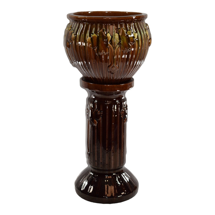 Weller Majolica 1930s Art Deco Pottery Brown Double Leaves Jardiniere Pedestal - Just Art Pottery