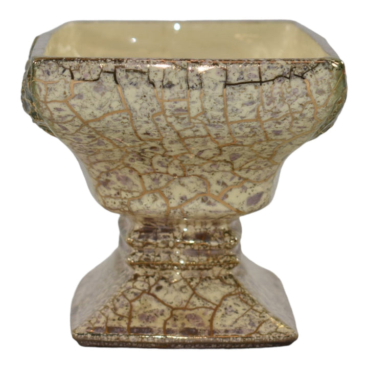 McCoy Grecian 1950s Pottery Ivory Green Spray Gold Marbling Pedestal Bowl 442 - Just Art Pottery