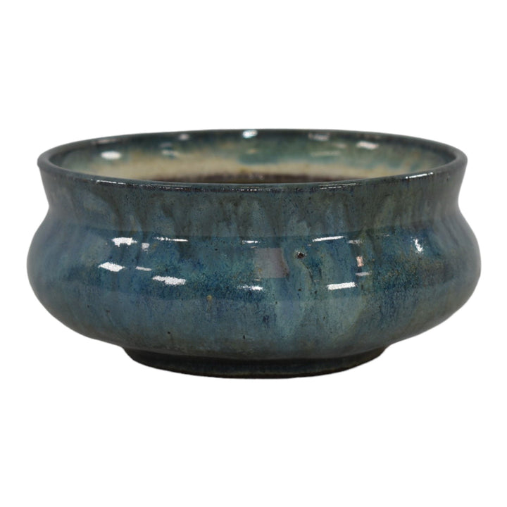 Linn L Phelan Studio 1940s Vintage Art Pottery Mottled Blue Ceramic Bowl - Just Art Pottery