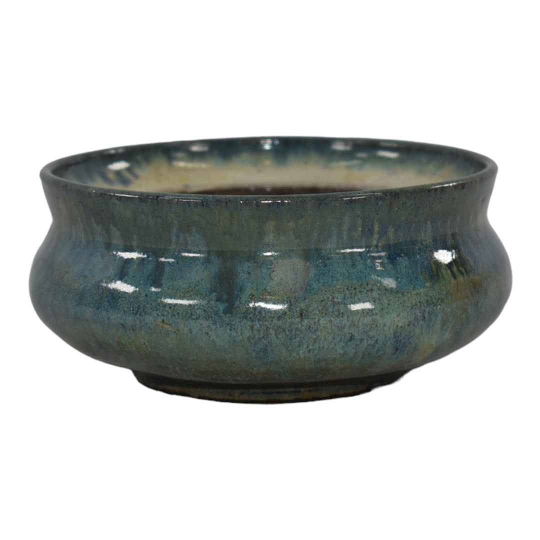 Linn L Phelan Studio 1940s Vintage Art Pottery Mottled Blue Ceramic Bowl - Just Art Pottery