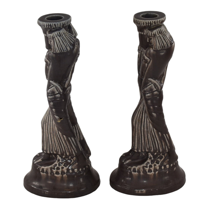 Rookwood 1921 Art Pottery Matte Dark Purple Egyptian Figural Candle Holders 2304 - Just Art Pottery
