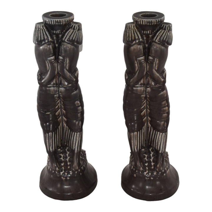 Rookwood 1921 Art Pottery Matte Dark Purple Egyptian Figural Candle Holders 2304 - Just Art Pottery